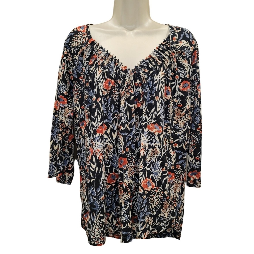 Lucky Brand Top Women L Black Floral Whimsigoth Boho Peasant Tunic Dark Fairy